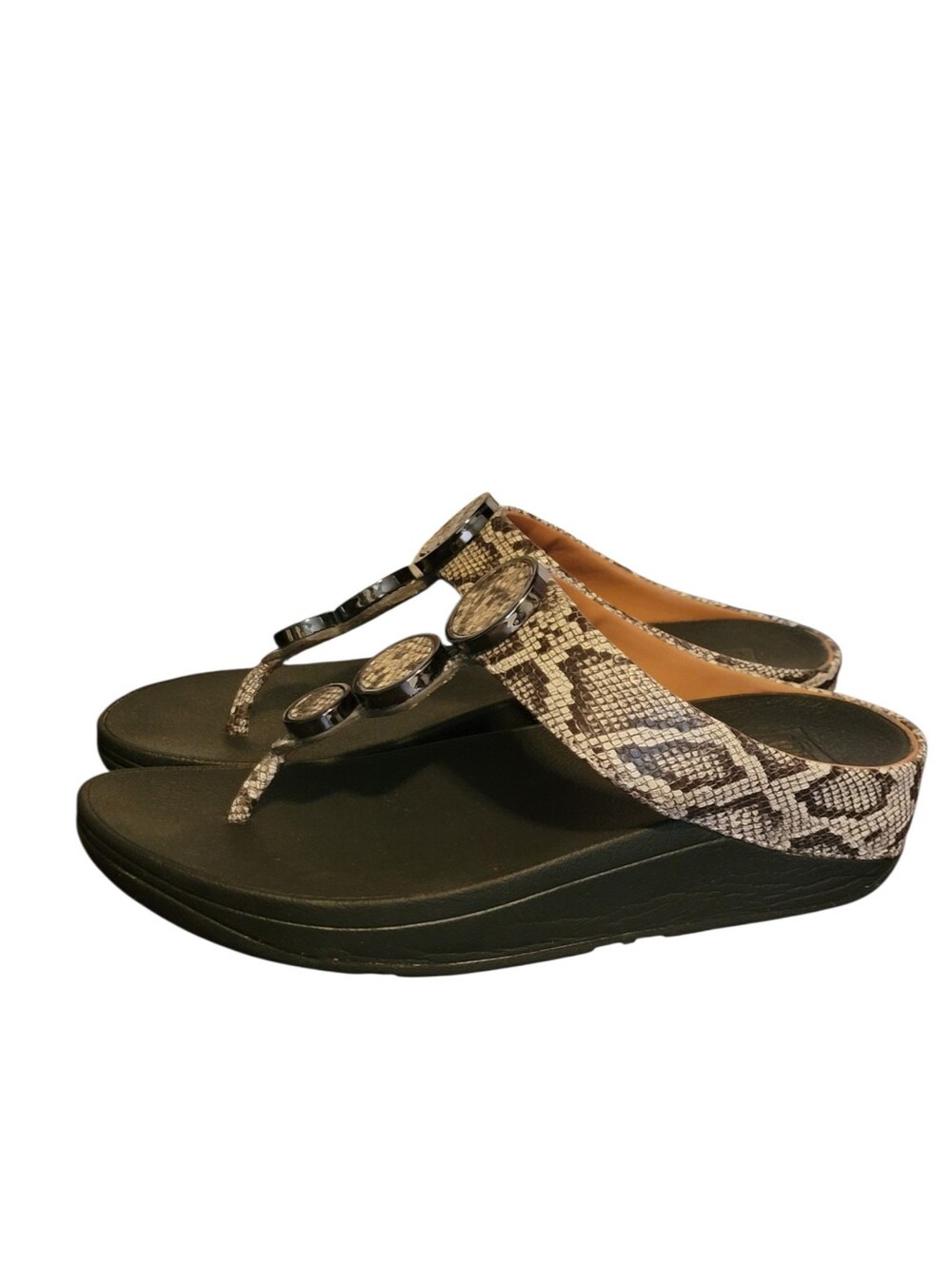 FITFLOP Womens Leather Halo Toe Post Wedges Thong Sandals Taupe Snake Skin 7 - Picture 3 of 7